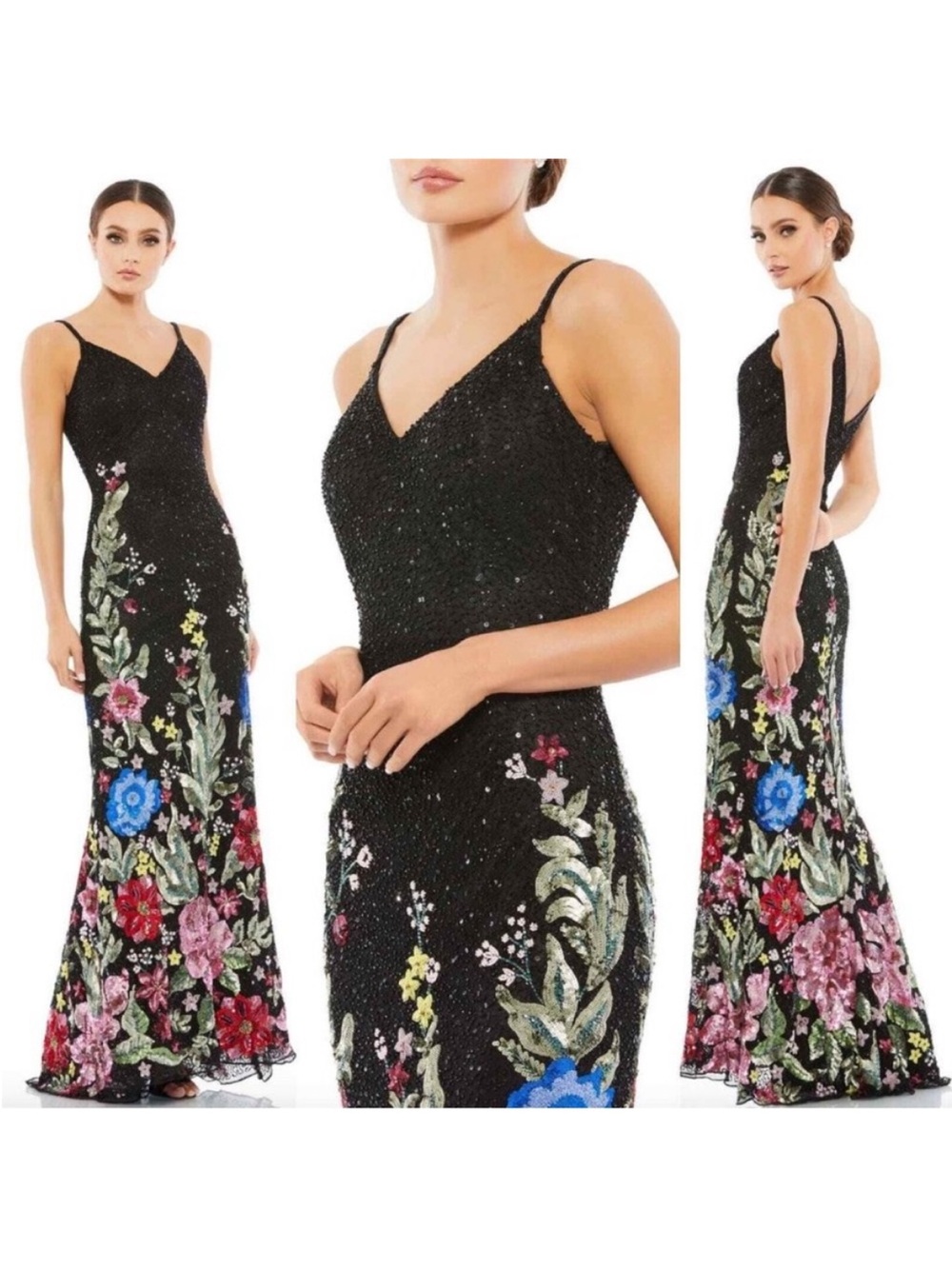 Mac Duggal 5475 Floral Embellished Spaghetti Strap Gown Size 4 NWT Black Multi